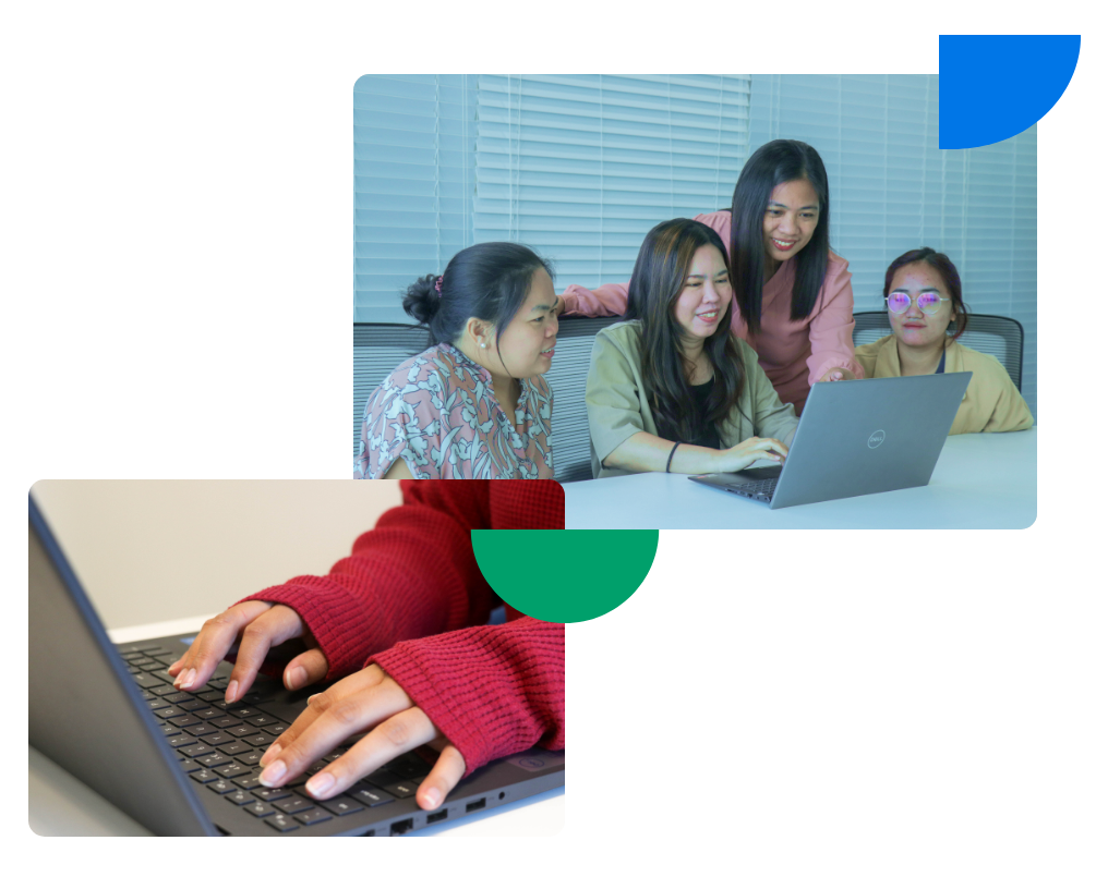 A diverse group of individuals using laptops, with one person wearing a smile, engaged in back office services.