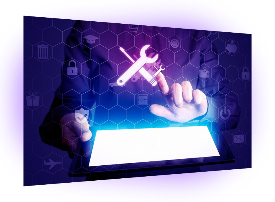 A man holding a tablet displaying a wrench icon. Relevant for web multimedia purposes.