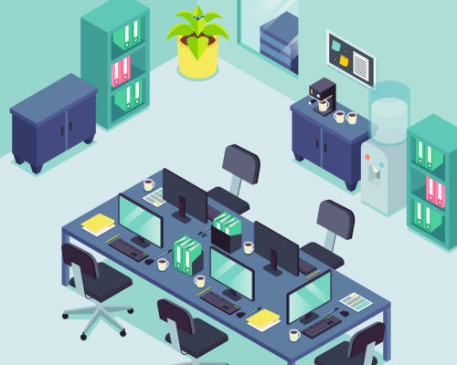 An animated image showcasing a diverse group of professionals working together at colorful desks with computers in a bright office environment, symbolizing team collaboration in the BPO industry.