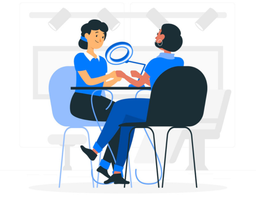 A vibrant graphic depicting a customer service interaction within TMJP BPO Company in BGC, Taguig, Philippines. A female customer service representative, dressed in a professional blue shirt, is attentively listening to a male client who is speaking and gesturing with his hand. Above them floats a speech bubble with a magnifying glass, symbolizing the focus on understanding client needs. They are seated across from each other at a sleek, modern desk in a well-lit office environment, with abstract wall decorations suggesting a dynamic and innovative workspace. The representative's open posture and the client's engaged expression emphasize the company's commitment to excellent customer service and effective communication.