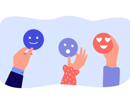 An illustration showing three hands each holding up circular signs with different facial expressions, representing customer satisfaction levels at TMJP BPO Company in BGC, Taguig, Philippines. The first hand on the left holds a sign with a smiley face, symbolizing positive feedback. The middle sign, held by a hand reaching upwards, has a neutral expression with an open mouth, indicating an average response. The last sign on the right, held aloft, showcases a love-struck face with hearts for eyes, implying exceptional customer delight and high satisfaction rates. The background is a simple, calming blue, suggesting a friendly and positive corporate environment.