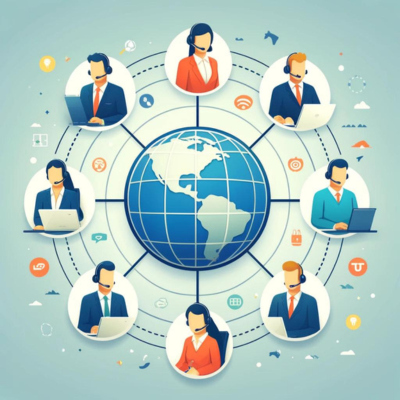 This image depicts the essence of BPO outsourcing, ideal for a company based in BGC Taguig, Philippines. It features a central globe surrounded by professional figures such as a customer service agent, an IT technician, and a graphic designer, all connected to the globe with dotted lines. These professionals, working on their laptops or with headsets, symbolize the concept of remote collaboration and services offered globally. The design uses bright, welcoming colors to highlight the positive impact of global teamwork and efficiency in outsourcing, making it immediately clear and engaging.