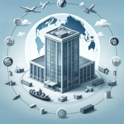 This image provides a straightforward illustration of offshoring without specific national identifiers, perfectly suited for a BPO outsourcing company in BGC Taguig, Philippines. It showcases a large, modern office building or factory, surrounded by symbols of global commerce such as shipping containers, a cargo ship, and airplanes. The setting, intentionally neutral, emphasizes offshoring as a strategic move for global business expansion. The simple color scheme and generic symbols of globalization convey the concept of relocating business operations internationally, making the idea easily understandable.