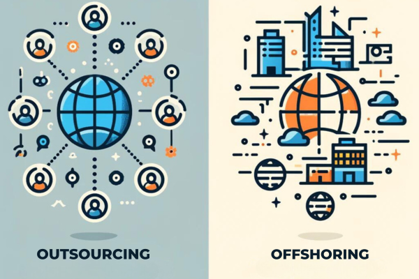 This image presents a clear and engaging comparison between BPO outsourcing and offshoring, ideal for a BPO outsourcing company in BGC Taguig, Philippines. On the left, the concept of outsourcing is illustrated with minimalistic icons showing a globe connected by dots and lines to small groups, symbolizing remote work and international collaboration. On the right, offshoring is represented by an icon of a factory or office building adorned with a flag, indicating the relocation of operations to another country. The use of bright colors and bold lines makes this infographic both simple and captivating, providing an easy-to-understand visual distinction between the two global business strategies.