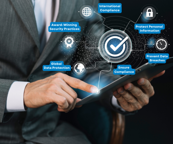 Highlighting trusted practices in digital security with a businessman and global data icons.