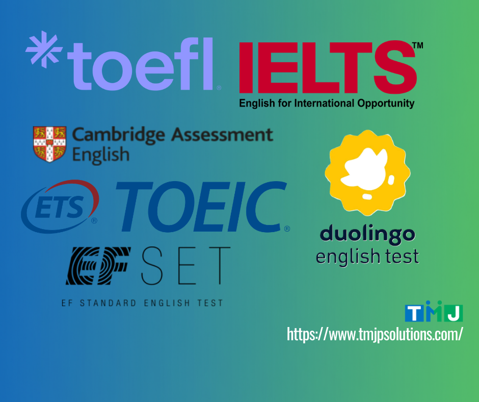 Collage of logos for major English proficiency exams including TOEFL, IELTS, Cambridge, TOEIC, EF SET, and Duolingo, symbolizing globally recognized certifications.