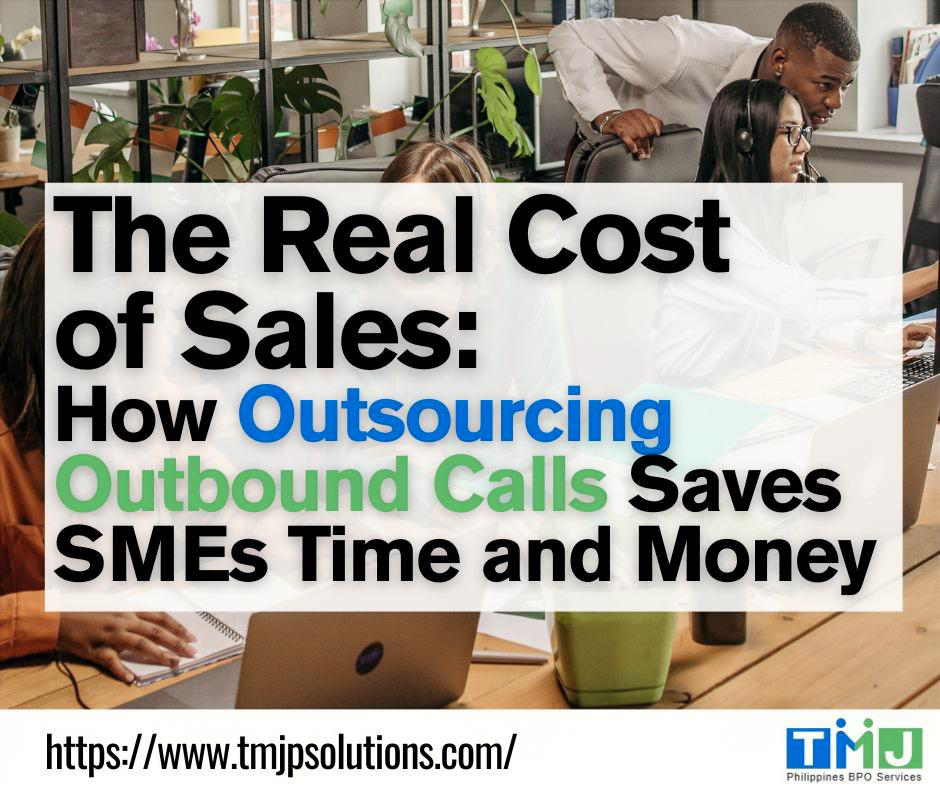 Call center employees with headsets working at desks, promoting TMJP outbound call outsourcing for SMEs.