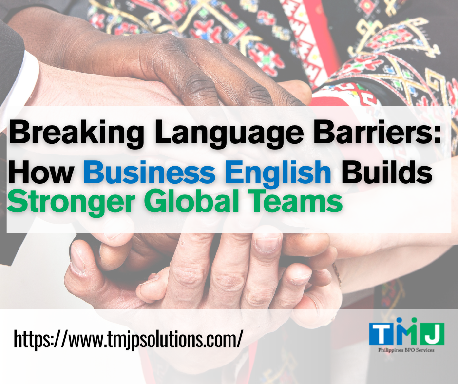 Business English builds stronger global teams – TMJP BPO Services promo graphic.