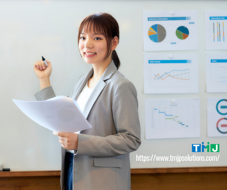 Professional presenting charts and graphs on a whiteboard, symbolizing the role of Business English proficiency in driving global expansion with BEX Pro.