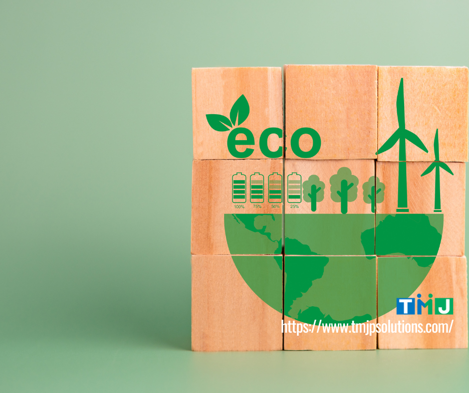 Eco‑themed wooden block illustration with icons of leaves, batteries, trees, a globe, and wind turbines, symbolizing ESG and data privacy as key differentiators for BPOs.