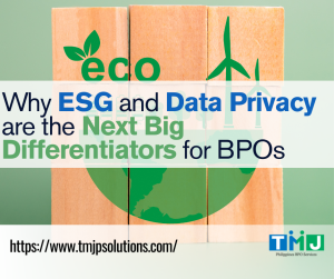 Wooden blocks with eco-friendly icons (leaves, wind turbines) and bold text promoting ESG and Data Privacy as key differentiators for BPOs
