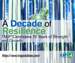 Green Christmas ornament hanging in front of blue and silver tinsel backdrop with text overlay: ‘A Decade of Resilience – TMJP Celebrates 10 Years of Strength and Growth’ and TMJP logo with website link.