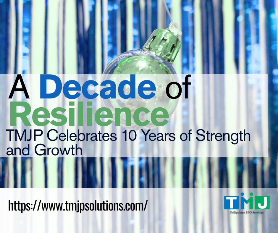Green Christmas ornament hanging in front of blue and silver tinsel backdrop with text overlay: ‘A Decade of Resilience – TMJP Celebrates 10 Years of Strength and Growth’ and TMJP logo with website link.