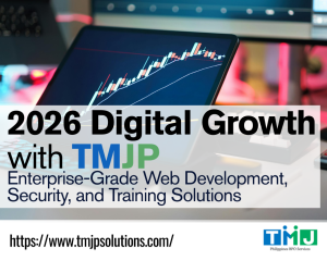 Laptop screen showing a rising digital growth chart with TMJP 2026 solutions text.