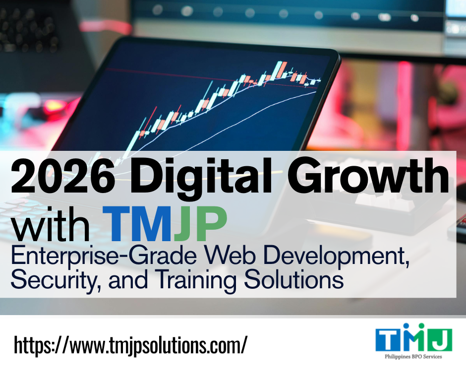 Laptop screen showing a rising digital growth chart with TMJP 2026 solutions text.