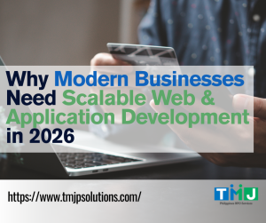 Person holding smartphone and credit card with laptop in background; promotional text highlights scalable web and app development for 2026.