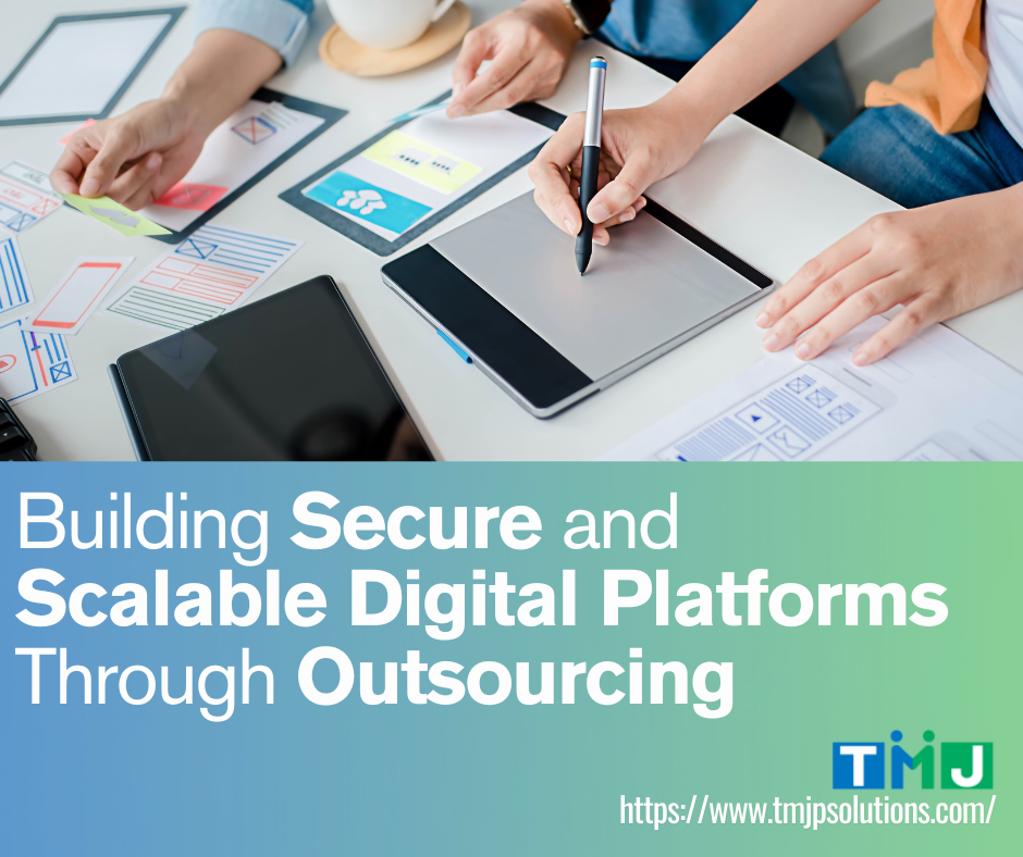 Team collaborating on designing secure and scalable digital platforms using digital tools and wireframes.