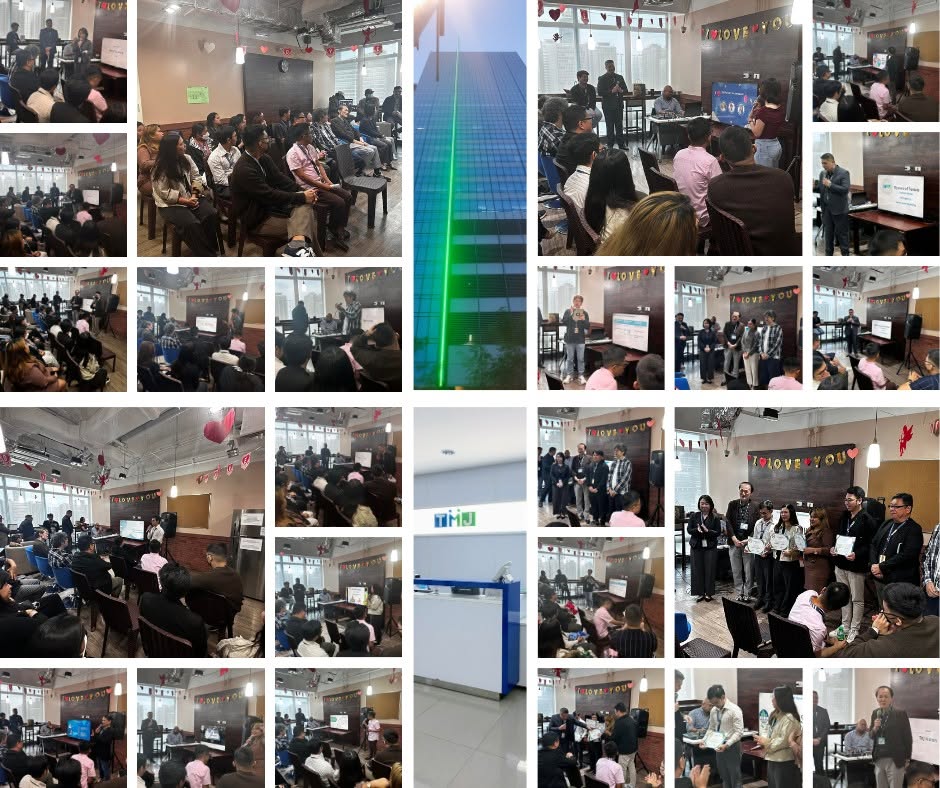 Collage of corporate event scenes with presentations, certificates, and a modern office building, symbolizing TMJP’s Q4 Town Hall focus on sustainability and value.