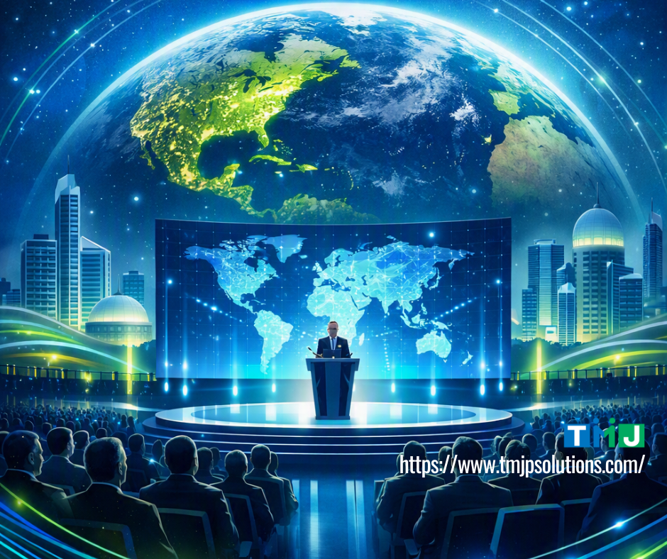 Futuristic summit scene with speaker on stage, glowing world map, and Earth from space, symbolizing unity through shared language and global collaboration.