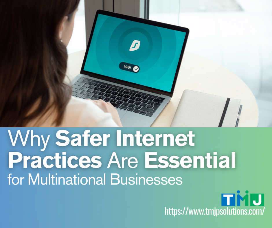 Person using laptop with VPN in office, promoting safer internet for businesses.