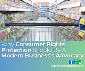 A grocery store aisle with a shopping cart in the foreground, shelves stocked with products on both sides, and an overlaid message promoting consumer rights protection as a modern business advocacy.