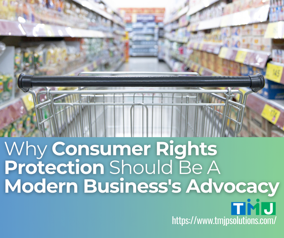 A grocery store aisle with a shopping cart in the foreground, shelves stocked with products on both sides, and an overlaid message promoting consumer rights protection as a modern business advocacy.