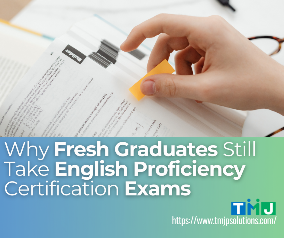A hand places a yellow sticky note on a study guide page, with bold promotional text highlighting English proficiency exams for fresh graduates, alongside TMJ branding.