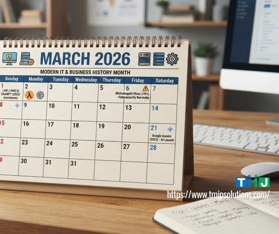 Desk calendar labeled “Modern IT & Business History Month,” highlighting anniversaries of key technology milestones in March 2026.