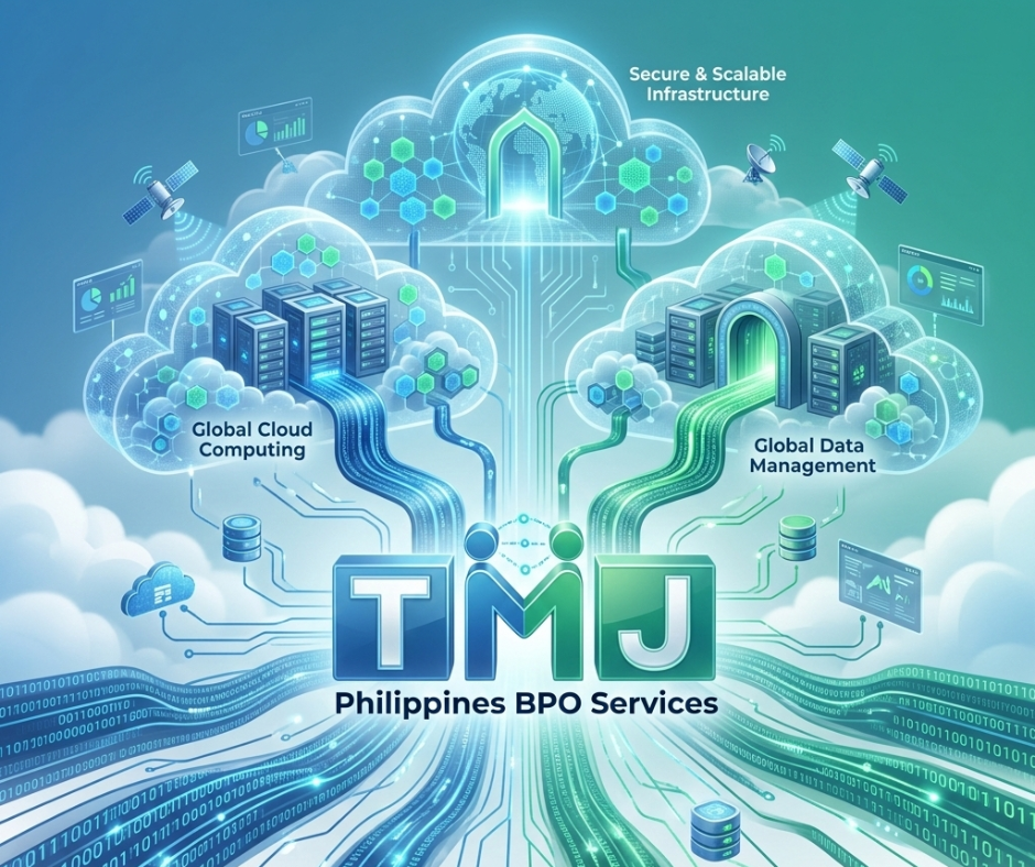 Digital illustration of interconnected cloud systems labeled computing, data management, and secure infrastructure, symbolizing TMJP’s governance across the invisible perimeter.