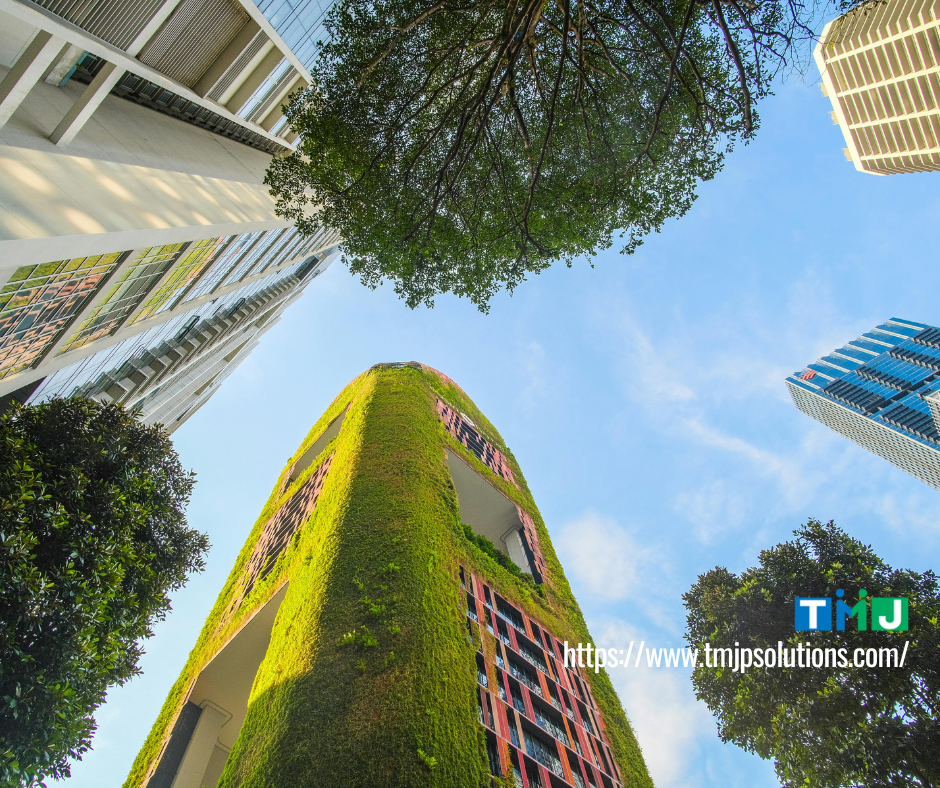 Upward view of modern city buildings with a vertical garden facade, symbolizing sustainable development and eco‑friendly business strategies.