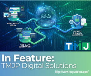 Futuristic digital graphic showing TMJP Digital Solutions with interconnected icons for web and app development, multimedia design, and cybersecurity.