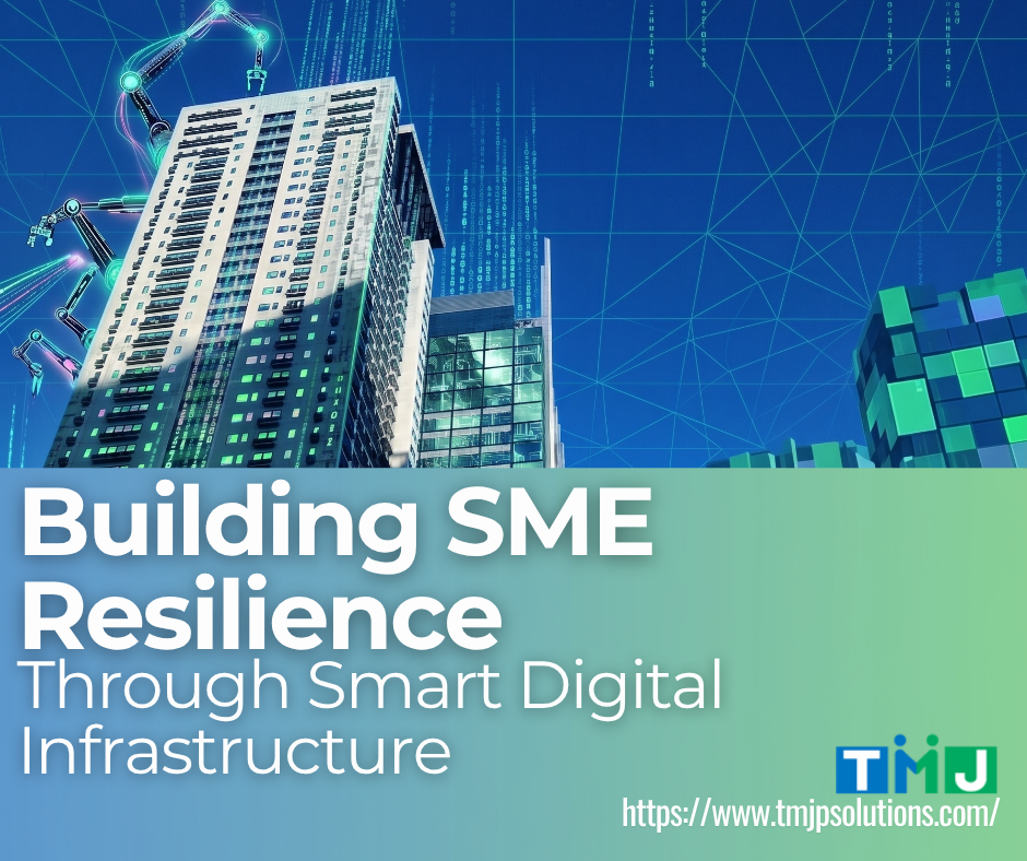 Illustration of a futuristic city skyline with tall buildings, digital lines, and robotic arms, representing SME resilience through smart digital infrastructure.