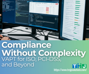 Workspace with multiple monitors showing cybersecurity compliance software and VAPT checklist for ISO and PCI-DSS.