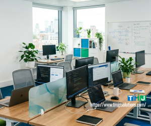 Modern tech office with rows of desks, computers displaying code and design tools, symbolizing collaborative outsourcing for lean startups.