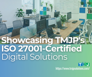 Modern BPO office workspace with desks, computers, plants, and a whiteboard, highlighting TMJP’s ISO 27001-certified digital solutions.