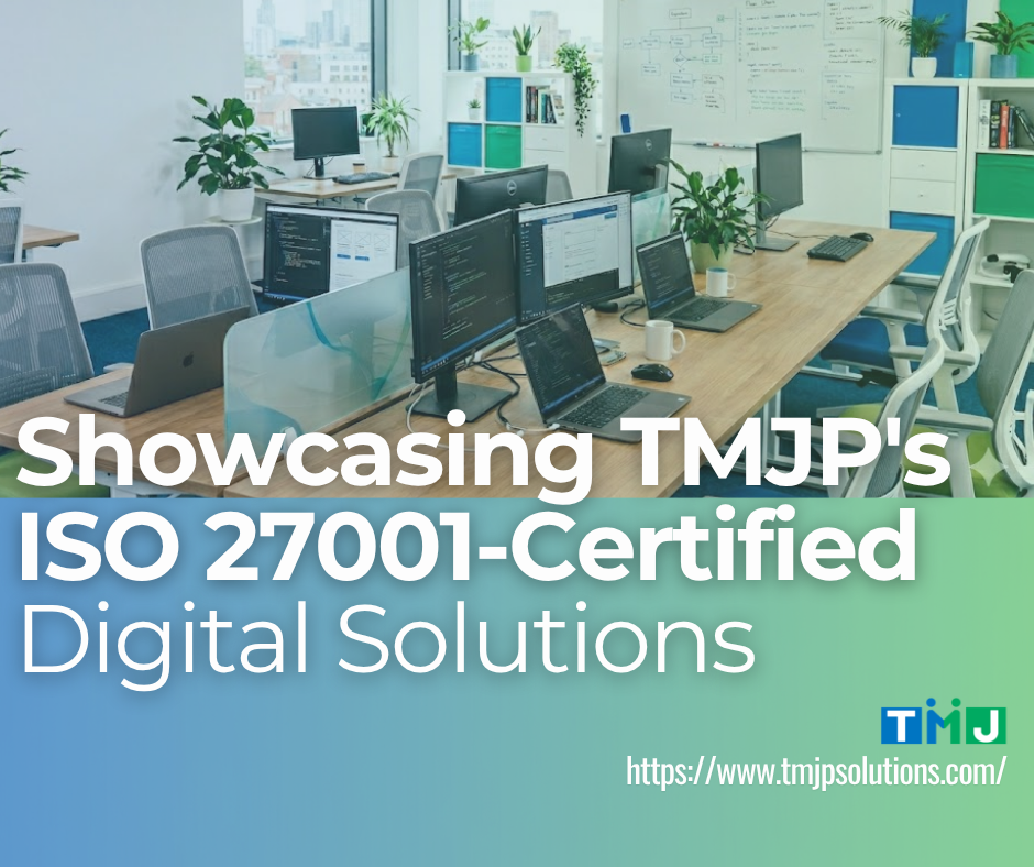 Modern BPO office workspace with desks, computers, plants, and a whiteboard, highlighting TMJP’s ISO 27001-certified digital solutions.