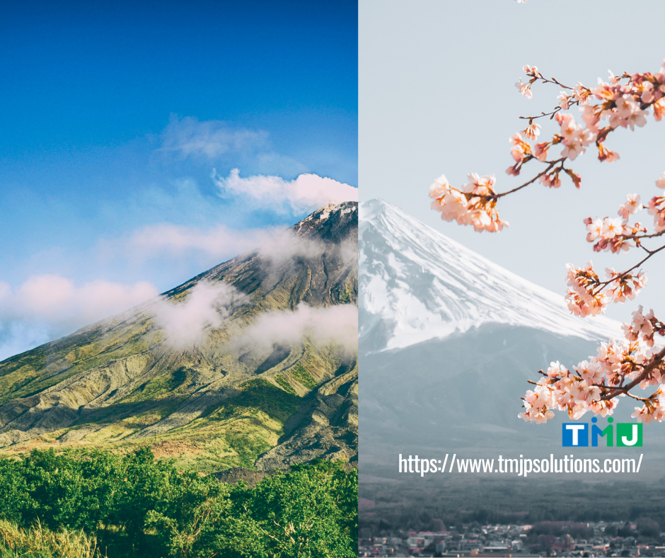 Photos of Mayon Volcano in the Philippines and Mount Fuji in Japan united in the middle to look like one mountain.