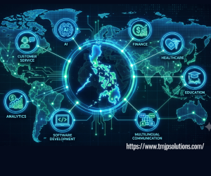 The Philippine islands in the middle of the map surrounded by icons of BPO services