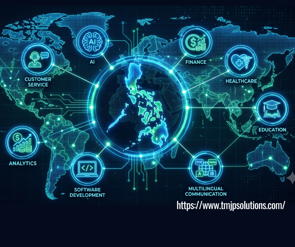 The Philippine islands in the middle of the map surrounded by icons of BPO services