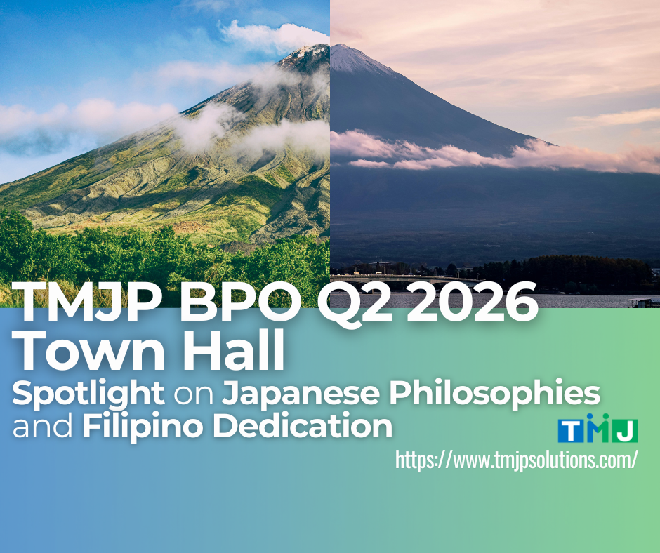 Split image of Mount Mayon and Mount Fuji with TMJP BPO Town Hall announcement text.