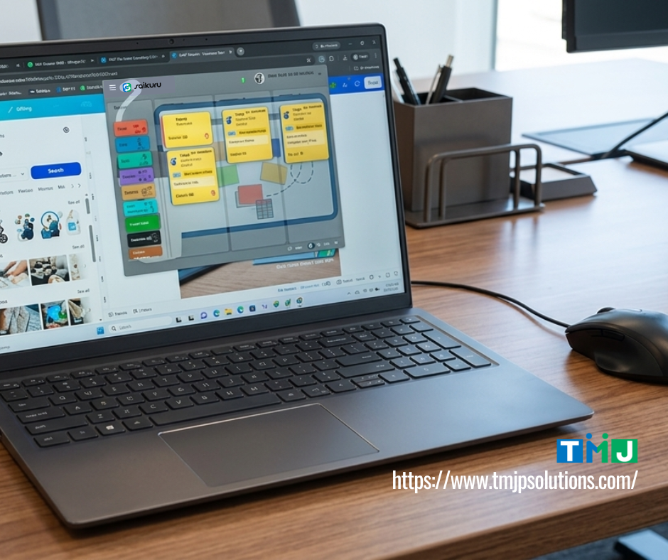 Laptop on a wooden desk showing the Saikuru PiP app alongside a project management board, highlighting TMJP’s QC Circle innovation for task time tracking.