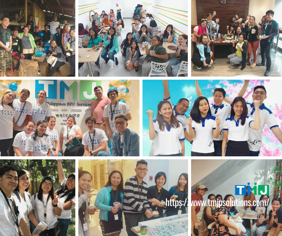 Collage of TMJP Online English Lessons teachers from 2016 to present, shown in offices, meetings, and social gatherings, reflecting career journeys and milestones.